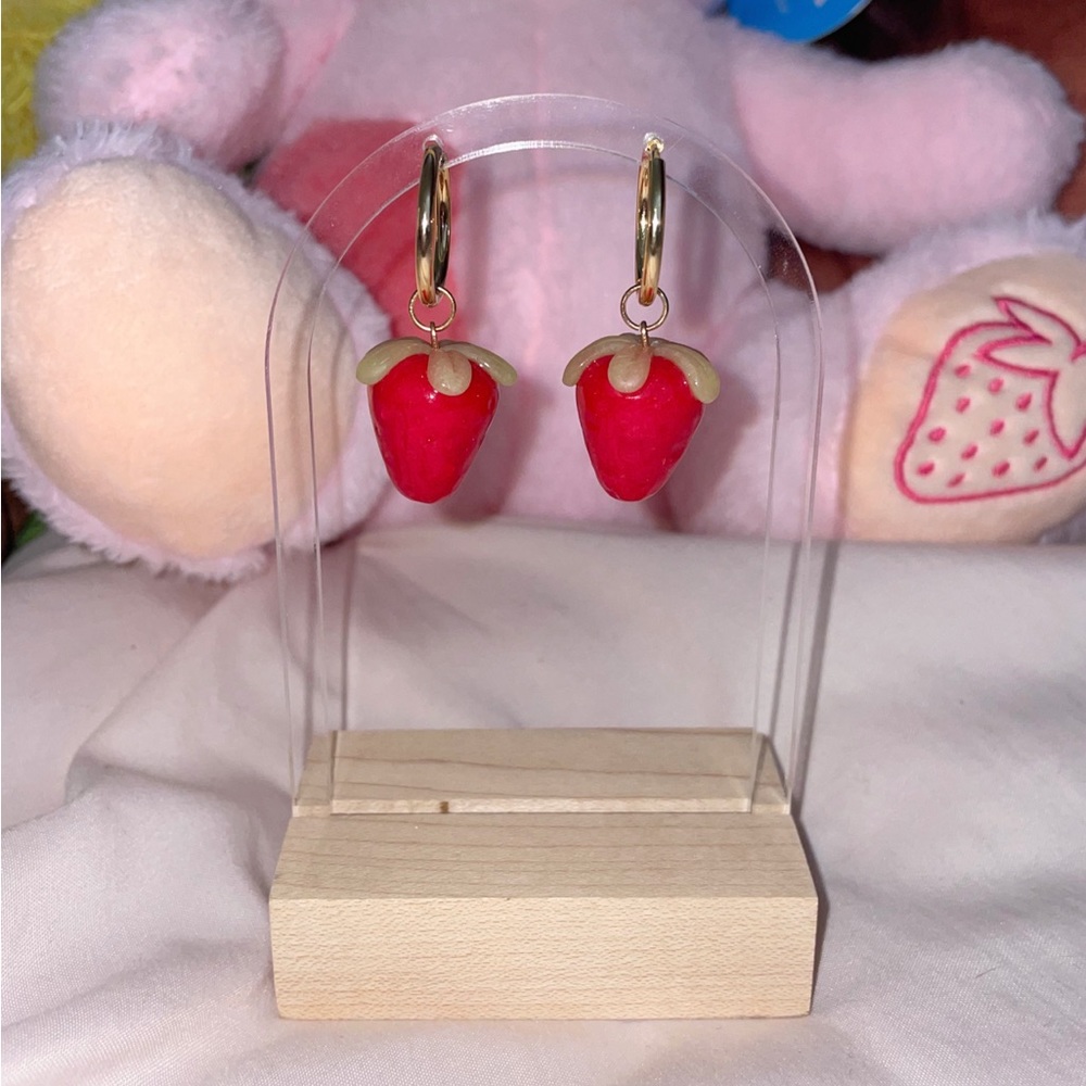 handmade polymer clay strawberry charm gold hoop earrings